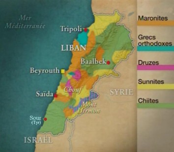 Carte de la distribution géographique des confessions au Liban.